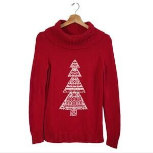 Talbots Lambswool Blend Christmas Tree Sweater Red PXS Cowl Neck Holiday Festive